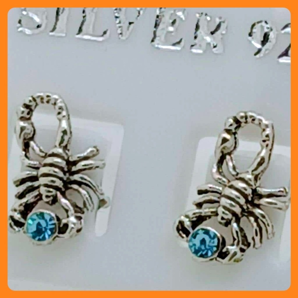 Scorpion Stud Earrings 925 Sterling Silver Blue Crystal Scorpio Zodiac Jewelry